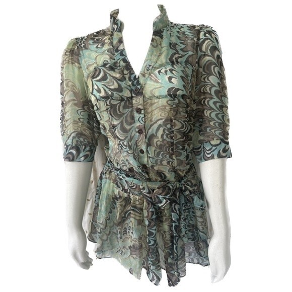 Sugar Lips Women's Sheer Swirly Watercolor Artsy Art Deco Retro Blouse Top XS - Picture 1 of 4